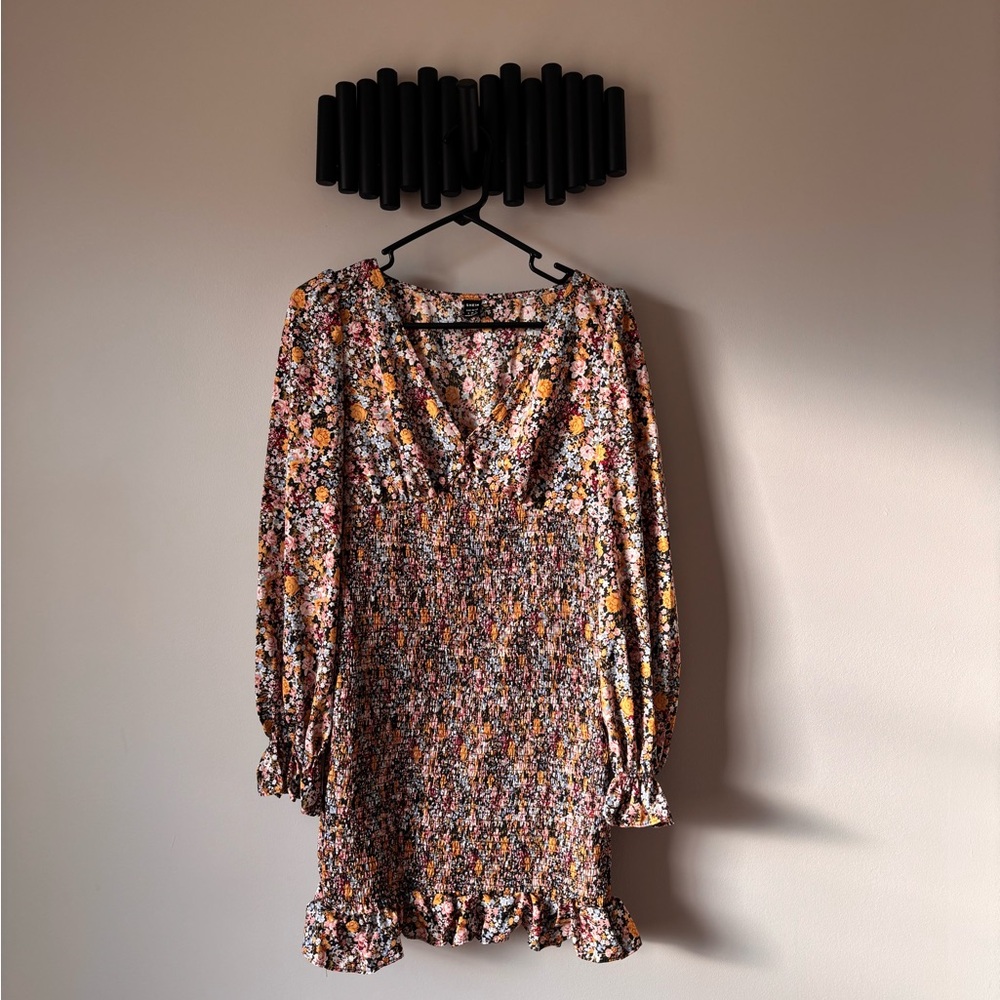 SHEIN Mustard Multi Floral Smocked V-Neck Long Sleeve Mini Dress